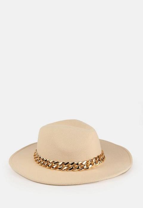 Cream Fedora With Chunky Gold Chain Band, Cream