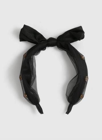 Womens Jewelled Organza Bow Headband - Black, Black