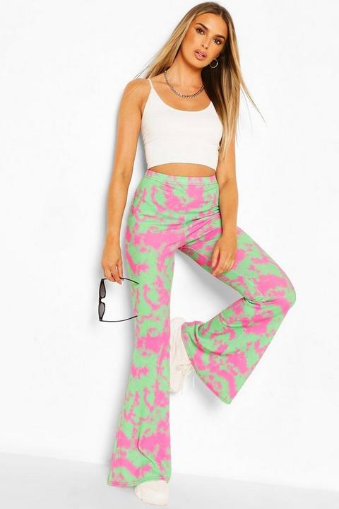 Pantalon Flare En Jersey Côtelé Effet Tie-dye Coloré - Vert Émeraude - 38, Vert Émeraude