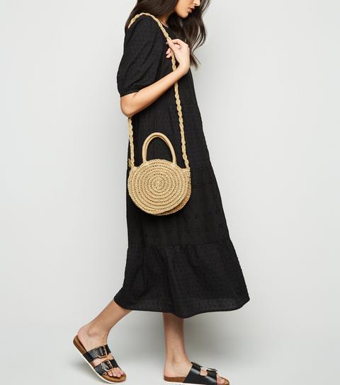 Stone Straw Effect Mini Round Bag New Look