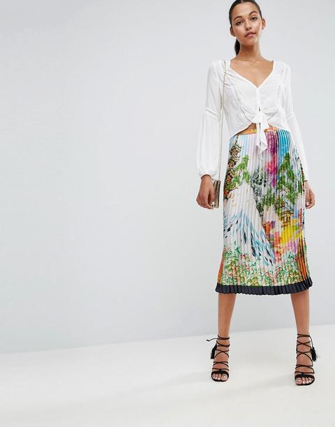 Falda Midi Plisada De Satén Con Estampado De Paisaje De Asos