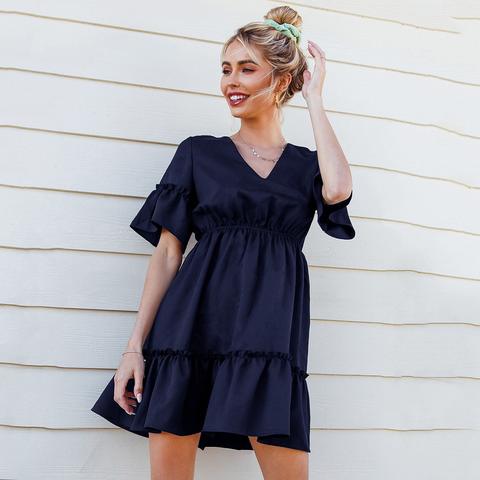 Tied Open Back Flare Sleeve Frill Trim Dress