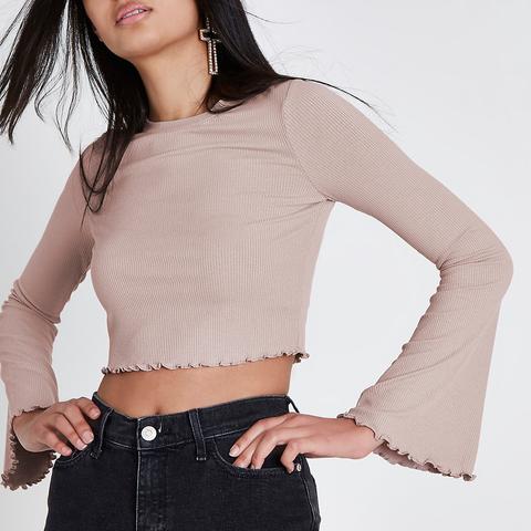 Beige Rib Bell Sleeve Frill Edge Crop Top