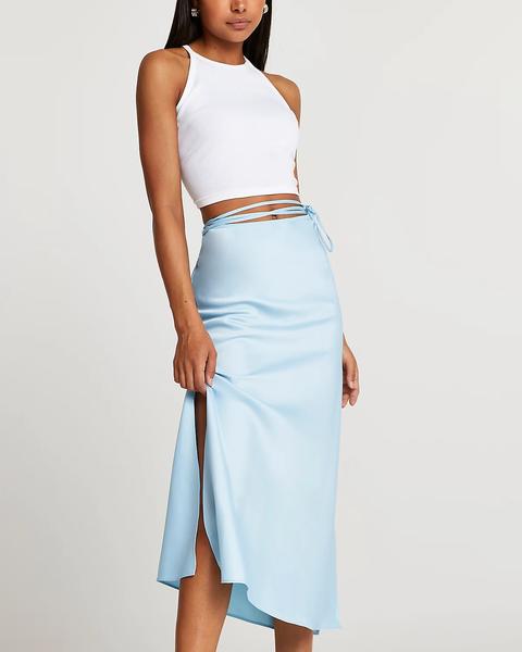 Blue Tie Waist Midi Skirt