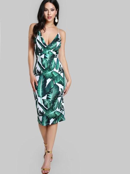 Plunge Neckline Tropical Print Backless Fitted Dress