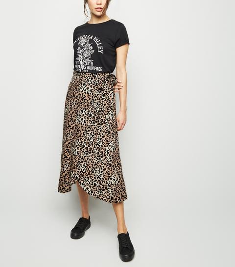 Brown Leopard Print Wrap Midi Skirt New Look