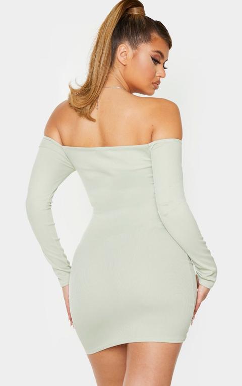 White ribbed long sleeve bardot ruched hot sale bodycon dress