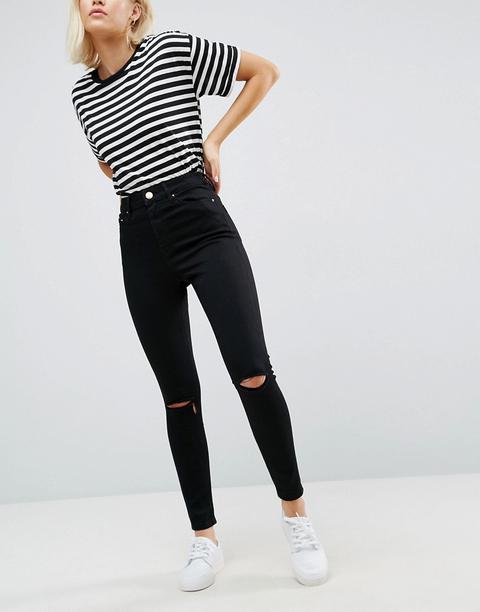 Asos Design Ridley High Waisted Skinny Jeans In Clean Black With Ripped Knees