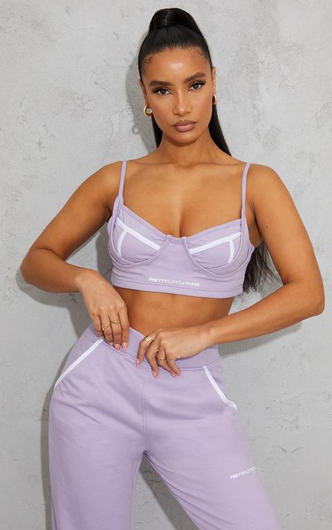 Prettylittlething Lilac Printed Contrast Piping Strappy Bralet