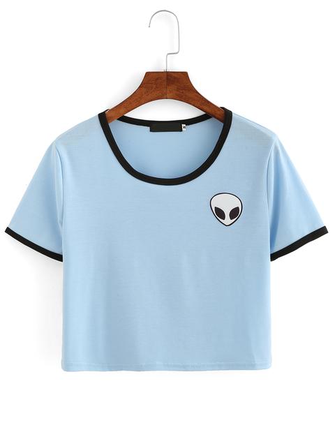 Blue Crew Neck Alien Print Crop T-shirt