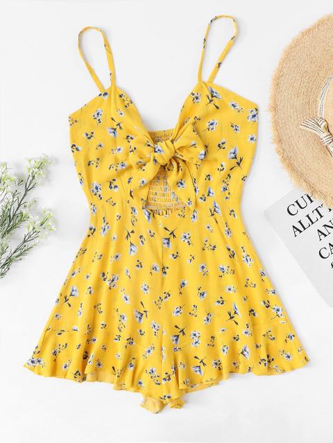 Cut Out Knot Front Floral Cami Romper