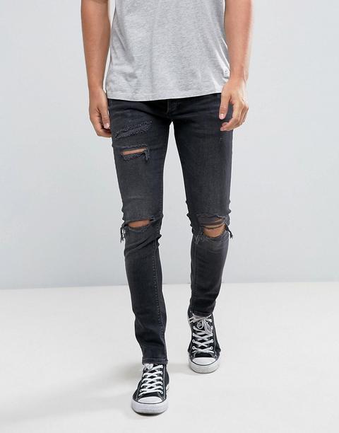 River Island - Jean Skinny Avec Déchirures - Noir Délavé - Noir