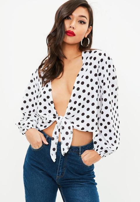 Tall White Polka Dot Front Knot Blouse, White