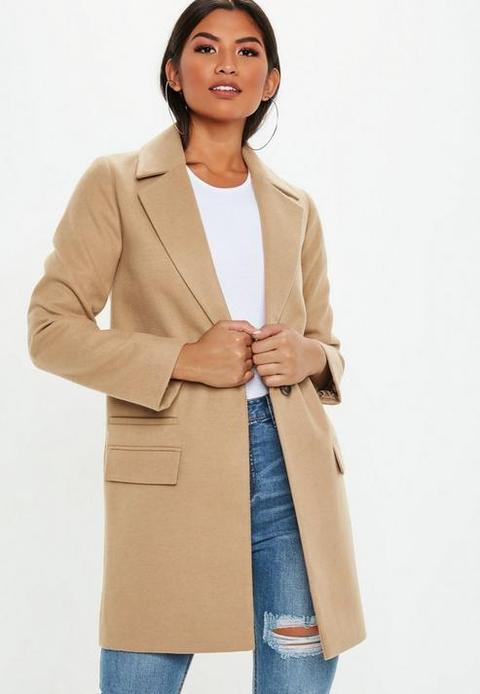 Camel Button Front Slim Coat, Camel