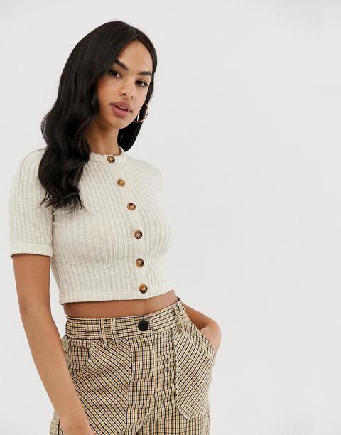 Fashion Union Ribbed Cropped Button Front Top - Cream