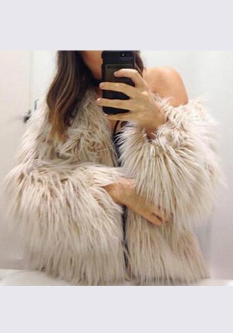 Cappotto Pelliccia Irregolare Collo Rotondo Manica Lunga Moda Kaki