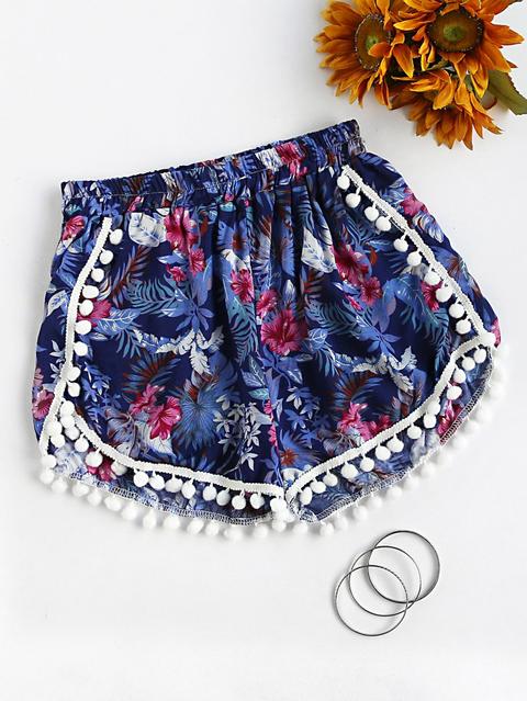 Floral Print Pom Pom Trim Shirred Shorts