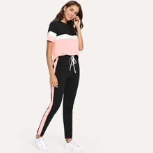 Conjunto Camiseta De Color Block Con Pantalones Con Cinta Con Cordón