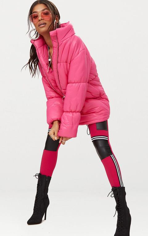 Bright Pink Ring Pull Longline Puffer Jacket, Bright Pink