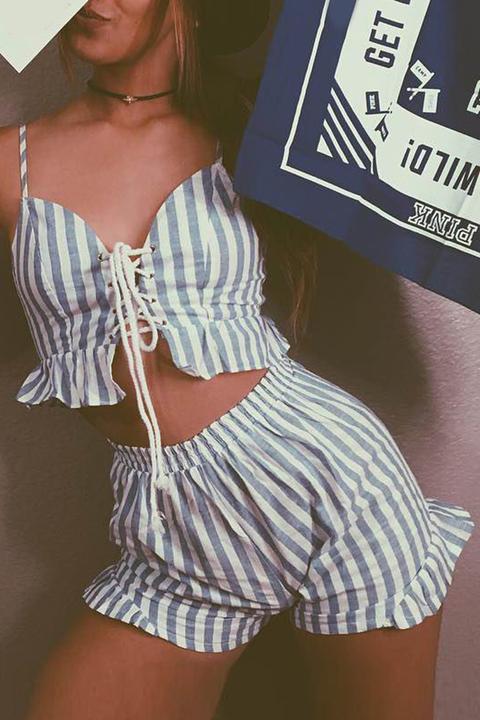 Cami Striped Crop Top And Wide Leg Shorts Suit