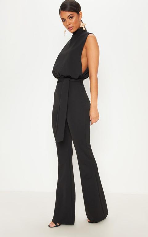 Black Scuba High Neck Tie Waist Jumpsuit