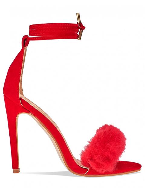Sisterhood Faux Fur Detail Lace Up Heels In Red Faux Suede