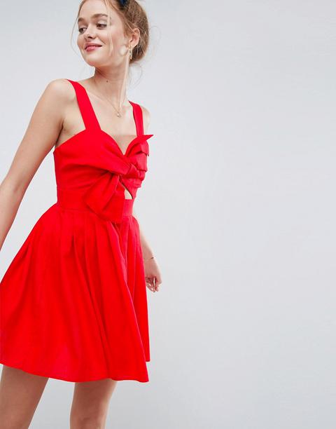 Asos - Vestito A Pieghe In Lino Con Fiocco E Cut-out - Rosso