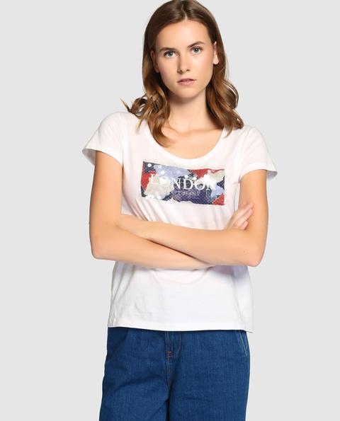 Camiseta De Mujer Pepe Jeans Blanca Con Lentejuelas