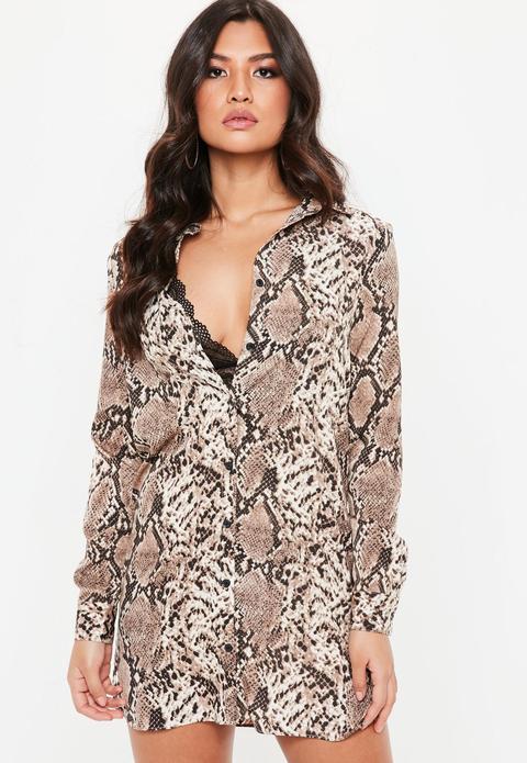 Brown Basic Snake Print Shirt Dress, Brown