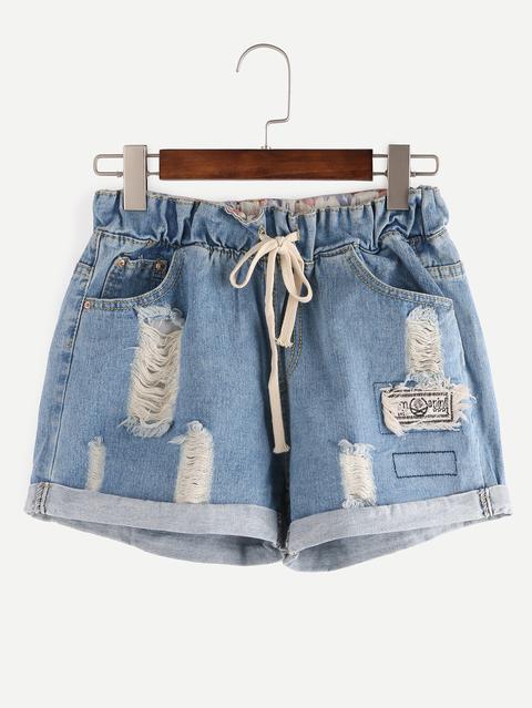 Shorts Rotos Cintura Con Cordón Denim -azul