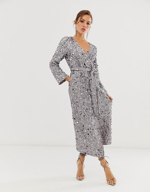 Vestido Midi Cruzado Con Lentejuelas Redondas De Asos Design-gris