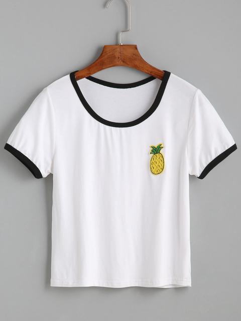 White Contrast Trim Pineapple Embroidered T-shirt