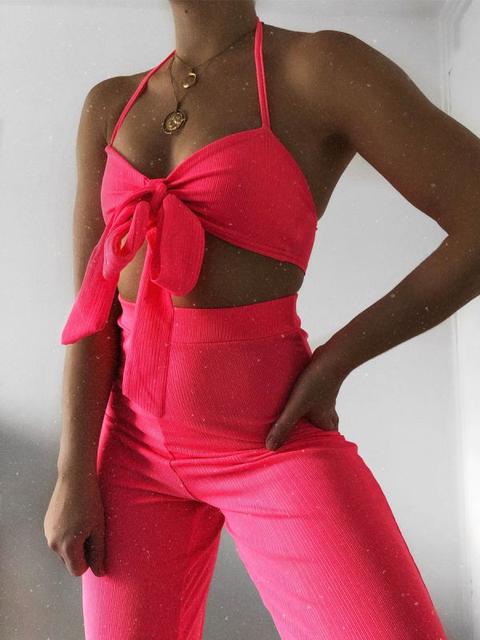 Tanya Ribbed Tie-up Bralet & Trouser Co-ord Set In Neon Pink