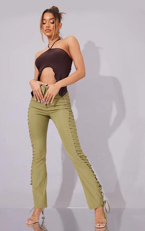 Olive Woven Extreme Lace Up Side Detail Skinny Trousers