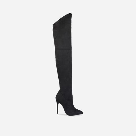 Amber Over The Knee Black Faux Suede Stiletto Boot, Black