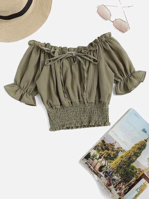 Flounce Sleeve Frill Trim Smocked Blouse