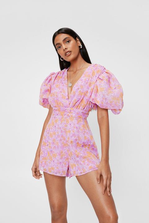 Womens Floral Puff Sleeve V Neck Playsuit