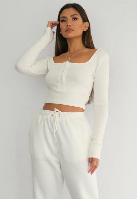 Cream Rib Button Front Long Sleeve Crop Top, Cream