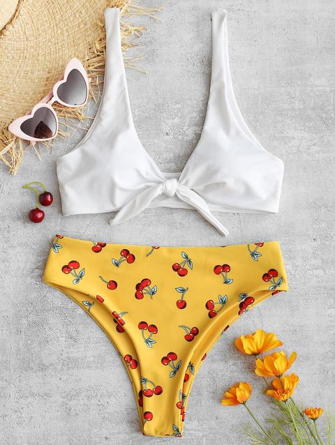 Bikini Annodato A Taglio Alto Con Stampa Ciliegia White Light Sky Blue Rubber Ducky Yellow