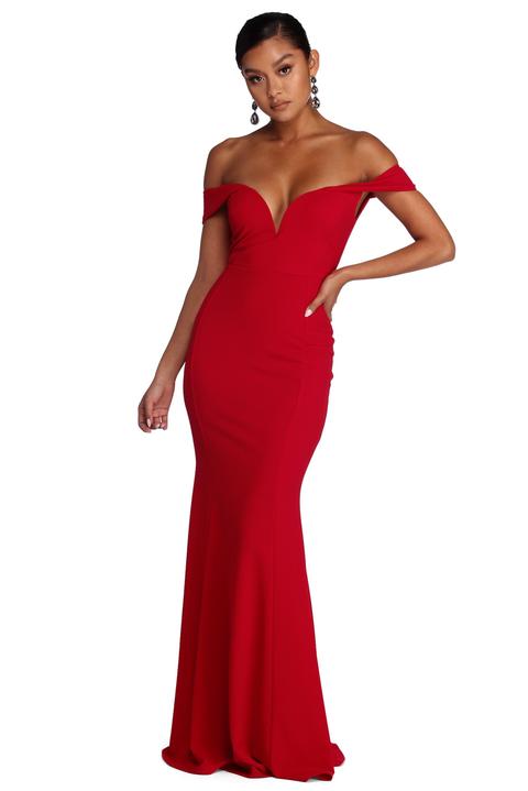 windsor red off the shoulder dress