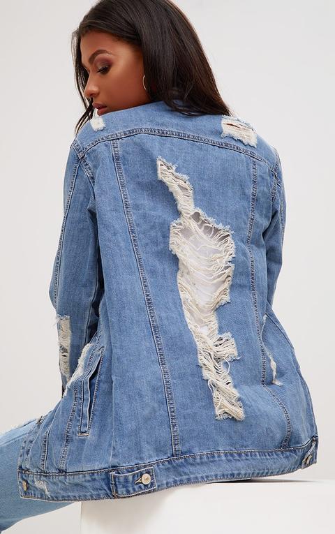Mid Wash Distressed Long Line Denim Jacket
