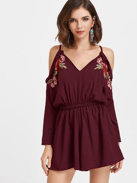 Frill Trim Embroidered Appliques V Back Romper