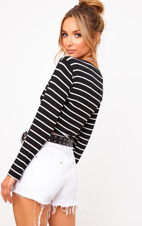 Black Stripe Tie Front Jersey Crop Top