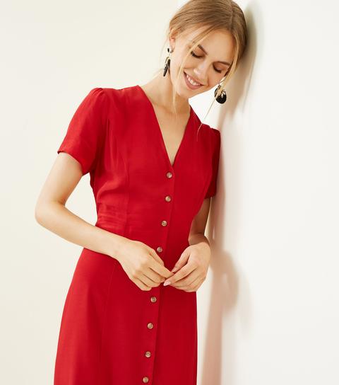 Red Button Front Midi Tea Dress New ...