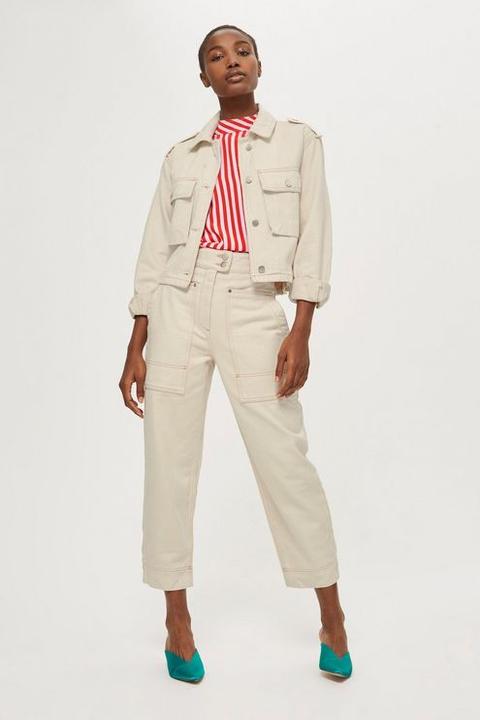 Womens Contrast Stitch Oversized Utility Trousers - Cream, Cream