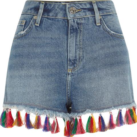 Mid Blue Tassel Hem Denim Shorts