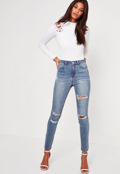 high waisted blue ripped skinny jeans