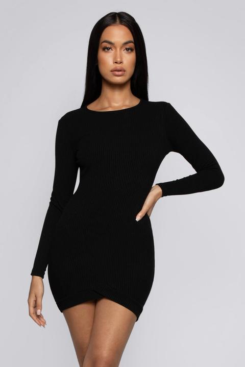 Brea Ribbed Long Sleeve Dress With Inverted Hem - Black