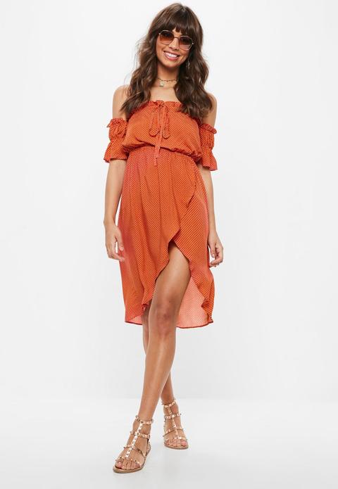 Orange Bardot Polka Dot Midi Dress, Orange