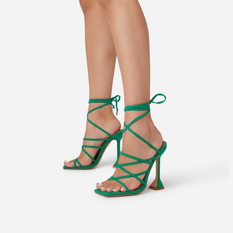 Influence Strappy Lace Up Square Toe Sculptured Heel In Green Faux Suede